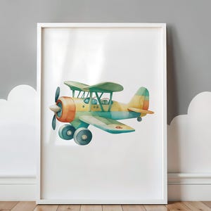 Vintage vliegtuig kinderkamer muur kunst afdrukbare pastel tweedekker digitale download voor baby boy kamer peuter reizen thema decor voor kind vliegtuig afdrukken