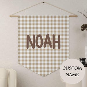 Name Pennant Flag Sign for Nursery Boy Custom Name Fabric Banner Hanging Personalized Sign Checkered Wall Decor Gift for Toddler Bedroom