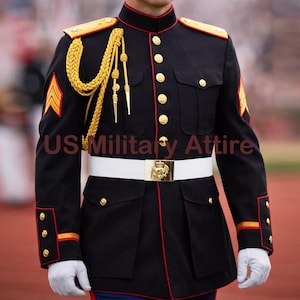 May include: A black military uniform with gold buttons, shoulder boards, and accents. The uniform has a white belt with a gold buckle and red trim. The text "US Military Attire" is visible on the front.