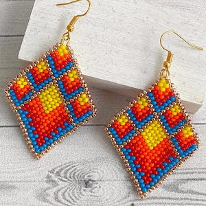 Geometric Brick Stitch Earrings PDF Pattern Red Orange Yellow Blue Diamond Beaded Pattern Boho Ombre PDF Pattern