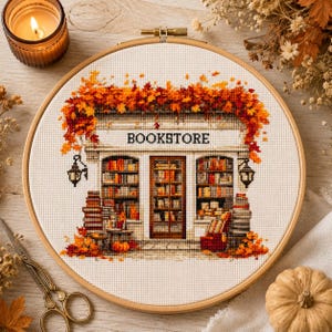 Kreuzstichmuster (PDF), Herbstbuchhandlung, Kreuzstich für Bücherliebhaber, Gemütliche Bibliothek, Cottagecore-Dekoration, Herbstliches Stickmuster