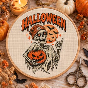 Halloween Skeleton Cross Stitch Pattern PDF, Jack O Lantern, Pumpkin & Spooky Embroidery