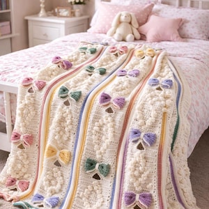 May include: A cream-colored, crocheted blanket with colorful vertical stripes and decorative bows. The blanket features rows of textured stitches and is adorned with bows in shades of pink, yellow, green, and purple. The blanket is draped over a bed.
