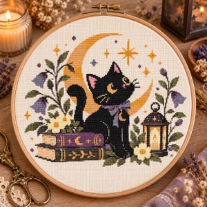 Moon Cat Cross Stitch Pattern PDF, Black Cat with Crescent Moon, Celestial Cat Embroidery for Cat Lovers