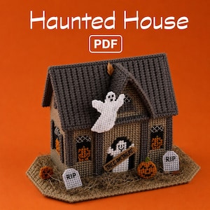 Mönster för godisask för hemsökt hus i PDF-format, mönster för Halloween-plastkanvas, bus- eller godisask, halloweenhusdekoration