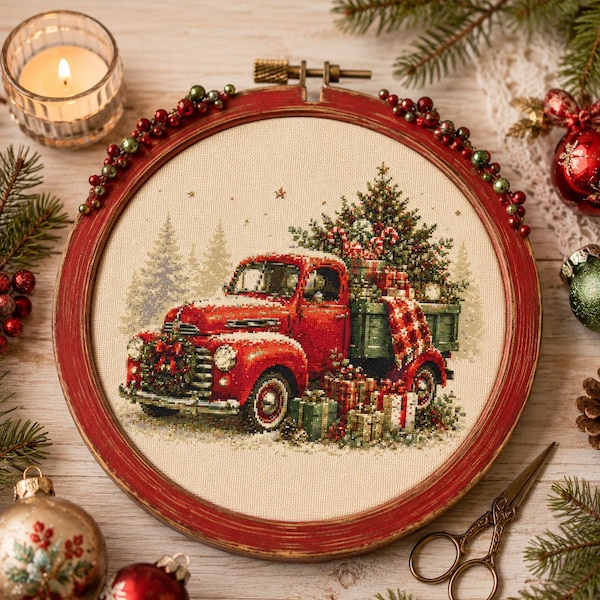 Cross Stitch Candy Truck Pattern PDF, Christmas Red Truck Cross Stitch, Vintage Pickup Embroidery Chart, Farmhouse Holiday Decor, Xmas truck