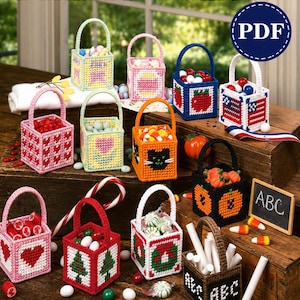 Plastic Canvas Mini Basket Patterns PDF, 10 Holiday Gift Baskets, Easter Halloween Christmas Valentine Party Favor Basket