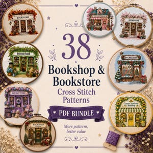 Könnte beinhalten: Eine digitale Sammlung von 38 Bookshop & Bookstore Kreuzstichmustern als PDF-Paket. Das Bild zeigt mehrere runde Stickrahmen mit detaillierten, farbenfrohen Ladenfront-Designs, darunter saisonale Motive mit Blumen, Schnee und Katzen.