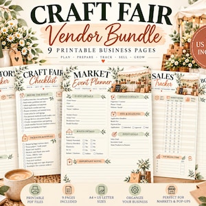 May include: A craft fair vendor bundle featuring nine printable business pages including an inventory tracker, craft fair checklist, market event planner, sales tracker, and booth layout planner with A4 and US letter size options included.