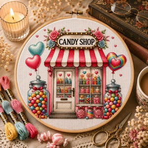 以下が含まれることがあります： 赤と白のストライプのオーニング、CANDY SHOPと書かれた看板、色とりどりのキャンディが入った2つの大きな瓶、ハート型の風船、花のアクセントが刺繍された、円形の刺繍枠に入ったクロスステッチのキャンディショップの模様。