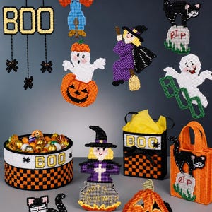 May include: A collection of Halloween-themed plastic canvas decorations including a BOO sign with spiders, a scarecrow, a ghost in a pumpkin, a witch, a cat on a tombstone, a ghost with a BOO sign, a candy basket, a witch in a cauldron, and bags.