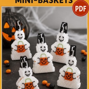 Mönster för mini-spökkorgar i PDF-format, Halloween-godiskorg, mönster för plastkanvas, bus-or-godis-korg