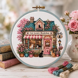 Borduurpatroon voor een kattenliefhebbersboekwinkel (PDF), Boekwinkelborduurwerk, Cadeau voor kattenliefhebbers, Cottagecore decoratie