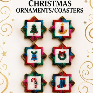 May include: Six square cross-stitched ornaments or coasters featuring Christmas motifs including a tree, candle, bell, wreath, candy cane, and stocking. Each piece has a white center with a colorful border and gold beaded edges. Text reads: DOUBLE SQUARE CHRISTMAS ORNAMENTS/COASTERS and PDF.
