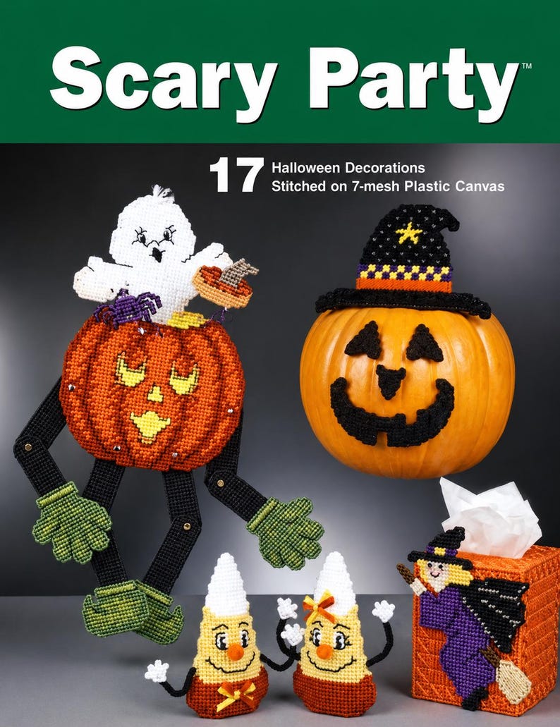 May include: A collection of 17 Halloween decorations stitched on 7-mesh plastic canvas, featuring a ghost in a pumpkin, a jack-o'-lantern with a witch hat, two candy corn figures, and a witch-themed tissue box cover, labeled Scary Party.