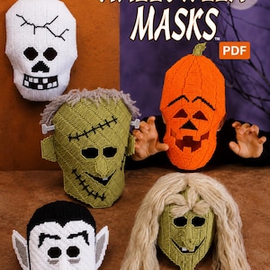 Pode incluir: Uma coleção de cinco máscaras de Halloween em tela plástica, incluindo uma caveira branca, um monstro verde com cabelo cinza, uma abóbora laranja, um vampiro branco com cabelo preto e uma bruxa verde com longos cabelos loiros. Texto HALLOWEEN MASKS PDF.