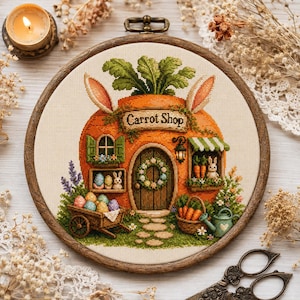 May include: A circular cross-stitch embroidery in a wooden hoop depicting a carrot-shaped shop with the text 'Carrot Shop'. The design features a central door with a wreath, green shutters, a small cart filled with colourful eggs, and a rabbit.