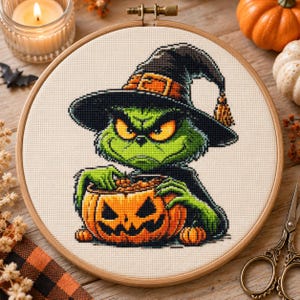 Grumpy Halloween Witch Cross Stitch Pattern PDF, Jack O Lantern Pumpkin Embroidery, Funny Spooky Halloween Design