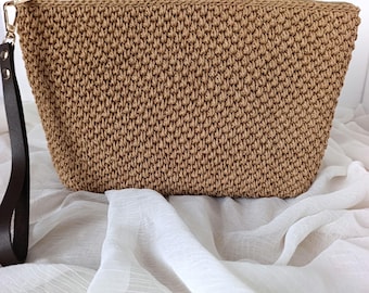 Handmade Raffia Crochet Clutch Bag, Paper Rope Wristlet, Boho Summer Pouch