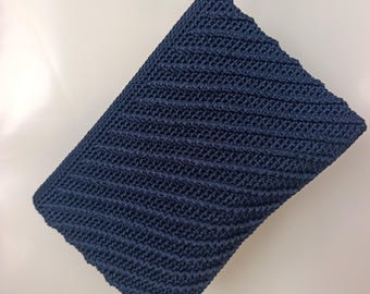 Crocheted Polyester Cord Clutch Bag, Diagonal Ribbed Wristlet, Navy Blue Handbag
