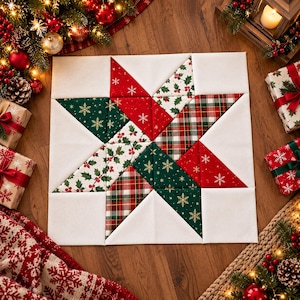 Puede incluir: Un bloque de edredón cuadrado de tela con un diseño de estrella central compuesto por varios patrones navideños, incluyendo rojo con copos de nieve blancos, verde oscuro con copos de nieve dorados, un tartán rojo y verde y tela blanca con acebo.