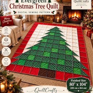 Op de afbeelding: Een rechthoekige quilt met een groot groen kerstboomontwerp gemaakt van effen en witgestippelde stoffen vierkanten op een witte achtergrond met een rode rand. De quilt meet 203 cm bij 264 cm en bevat de tekst Evergreen Christmas Tree Quilt.