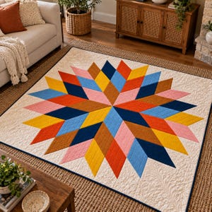 Radiant Harvest Star Quilt, Geometric Patchwork PDF Sewing Guide, Baby Throw Bed Sizes