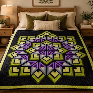 May include: A quilt featuring a large, central geometric star pattern in shades of purple, lime green, and white, set against a solid black background. The quilt has a decorative stitched border and is displayed flat on a bed with pillows.