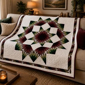 May include: A rectangular quilt featuring a central star pattern composed of geometric shapes in shades of deep burgundy, forest green, and olive green, set against a cream-colored background with a matching burgundy border trim.