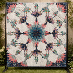 Celestial Garden Star Quilt, Handmade Patchwork Quilt, Floral Modern Bedding, , Boho Home Decor Gift