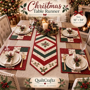 May include: A quilted Christmas table runner and matching placemats featuring a red, green, and cream holly pattern. The set measures 16 inches by 54 inches. The runner has a geometric chevron design with central holly motifs and quilted stitching.