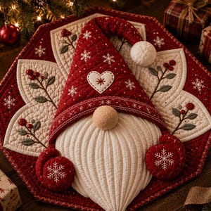 Peut inclure: Une tenture murale en tissu matelassé représentant un gnome central avec un grand chapeau rouge, une barbe blanche et un nez rond. Le gnome est entouré d'une bordure octogonale rouge et crème ornée de flocons de neige et de baies rouges.