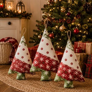 May include: Three cone-shaped fabric ornaments designed to resemble Christmas trees. Each ornament features a patchwork pattern of cream fabric with red circular motifs, red fabric with white snowflakes, and green fabric with white snowflakes.