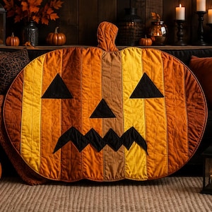 May include: A quilted fabric wall hanging shaped like a pumpkin, featuring vertical stripes in shades of orange, yellow, and brown. It has black fabric appliqués forming two triangular eyes, a triangular nose, and a jagged, wide, toothy mouth.