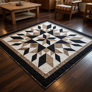 May include: A geometric quilt with a starburst design. The quilt features black, white, and tan shapes arranged in a symmetrical pattern. A black border frames the quilt, which is placed on a hardwood floor.