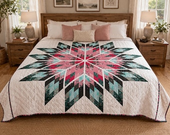 Patrón de edredón Blush Starburst en PDF, edredón geométrico moderno para cama, diseño patchwork, descarga digital instantánea.