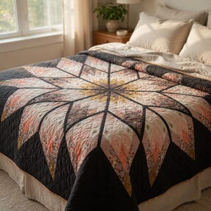 May include: A large quilt with a floral pattern in peach, brown, and cream, with a black border. The quilt has a starburst design and is on a bed with neutral bedding. The quilt's dimensions are not visible.
