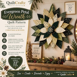 Può includere: Un modello per trapuntatura QuiltCraftz Evergreen Petal Wreath con 42 petali trapuntati in 4 dimensioni, un centro ricamato con un fiocco di neve dorato e perline, e modelli a grandezza naturale. La dimensione finita è di circa 56 cm.