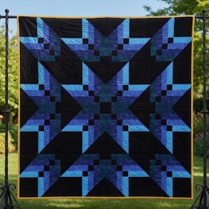 May include: A large, square quilt with a striking starburst pattern. The quilt features a black background with geometric star shapes in shades of blue and teal. The edges are finished with a yellow border. The quilt is displayed outdoors.