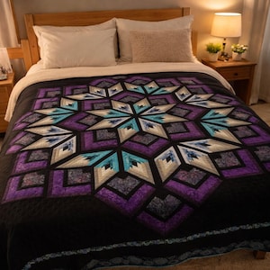 May include: A black quilt featuring a geometric starburst design in purple, teal, and cream hues. The quilt is displayed on a bed with white pillows and a wooden headboard. The symmetrical pattern creates a striking visual effect.