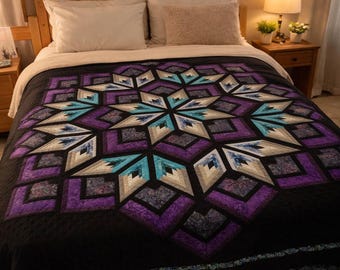 Purple Star Quilt Pattern PDF, Geometric Bedspread Design, handmade Pattern , Modern Bedding