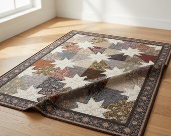 Vintage Eight-Point Star Patchwork Quilt – Handmade Heirloom Style Blanket – Rustic Cottage Boho Home Decor