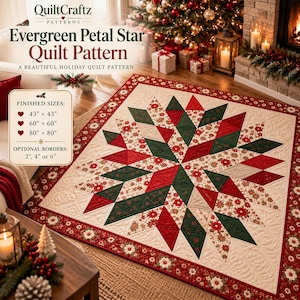 Evergreen Floral Star Quilt Pattern, Holiday Patchwork PDF, Christmas Sewing Tutorial