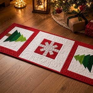Puede incluir: Un camino de mesa acolchado rectangular con tres paneles cuadrados distintos. Los dos paneles exteriores muestran diseños geométricos de árboles de Navidad verdes sobre fondo blanco, mientras que el panel central presenta un patrón de estrella rojo y blanco.