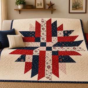 Americana Star Quilt Pattern PDF | Red Blue Patchwork Quilt | Beginner Friendly | Instant Download
