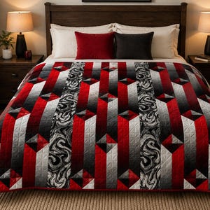 May include: A quilt featuring a geometric pattern of vertical stripes in red, black, and white. The design incorporates alternating solid color blocks and sections with a marbled, swirling texture, creating a three-dimensional visual effect.