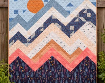Edredón Sunset Peaks – Edredón de montaña moderno, manta de patchwork hecha a mano, decoración de cabaña y bosque, manta decorativa