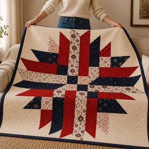 May include: A square quilt featuring a large central star pattern composed of red, navy blue, and cream fabric panels. The design incorporates floral and geometric prints within the star points and background, finished with a dark navy blue border.