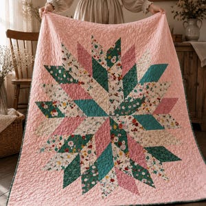 Blossom Star Quilt Pattern, Floral Patchwork Sewing PDF, Starburst Quilt Design
