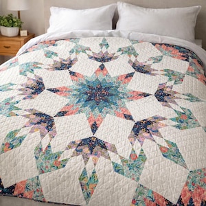 Celestial Garden Star Quilt, Handmade Patchwork Quilt, Floral Modern Bedding, , Boho Home Decor Gift